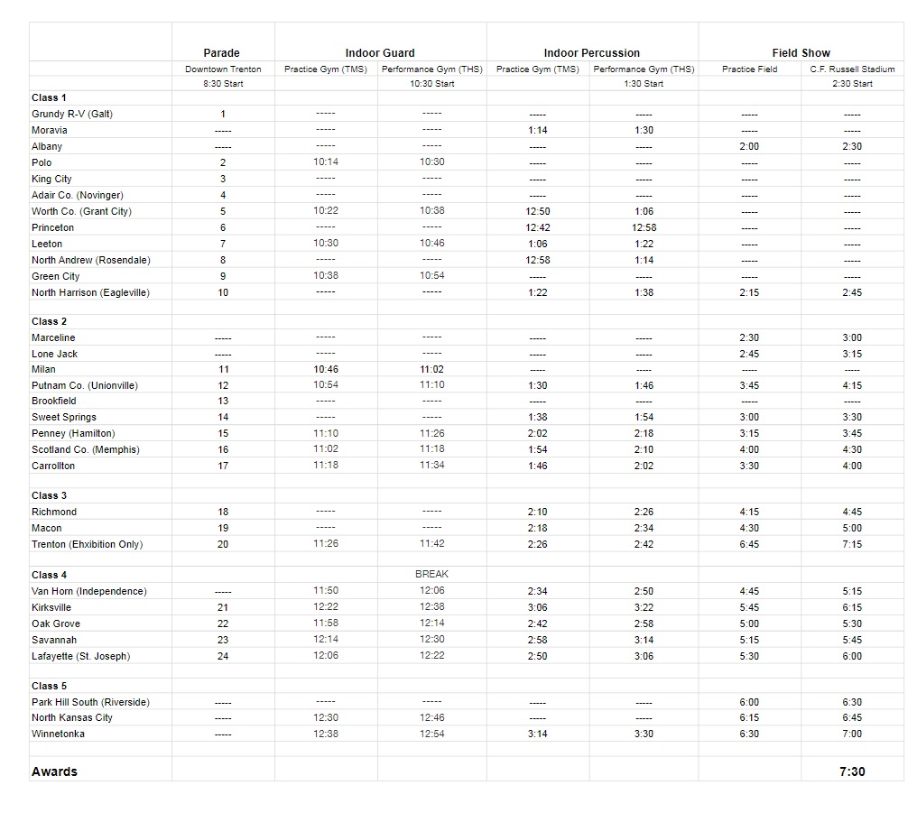 2024 Missouri Days Marching Festival Master Schedule