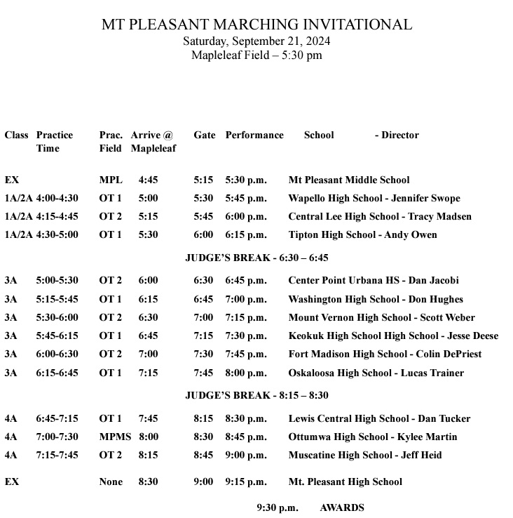 2024 Mt Pleasant Marching Invitational Schedule