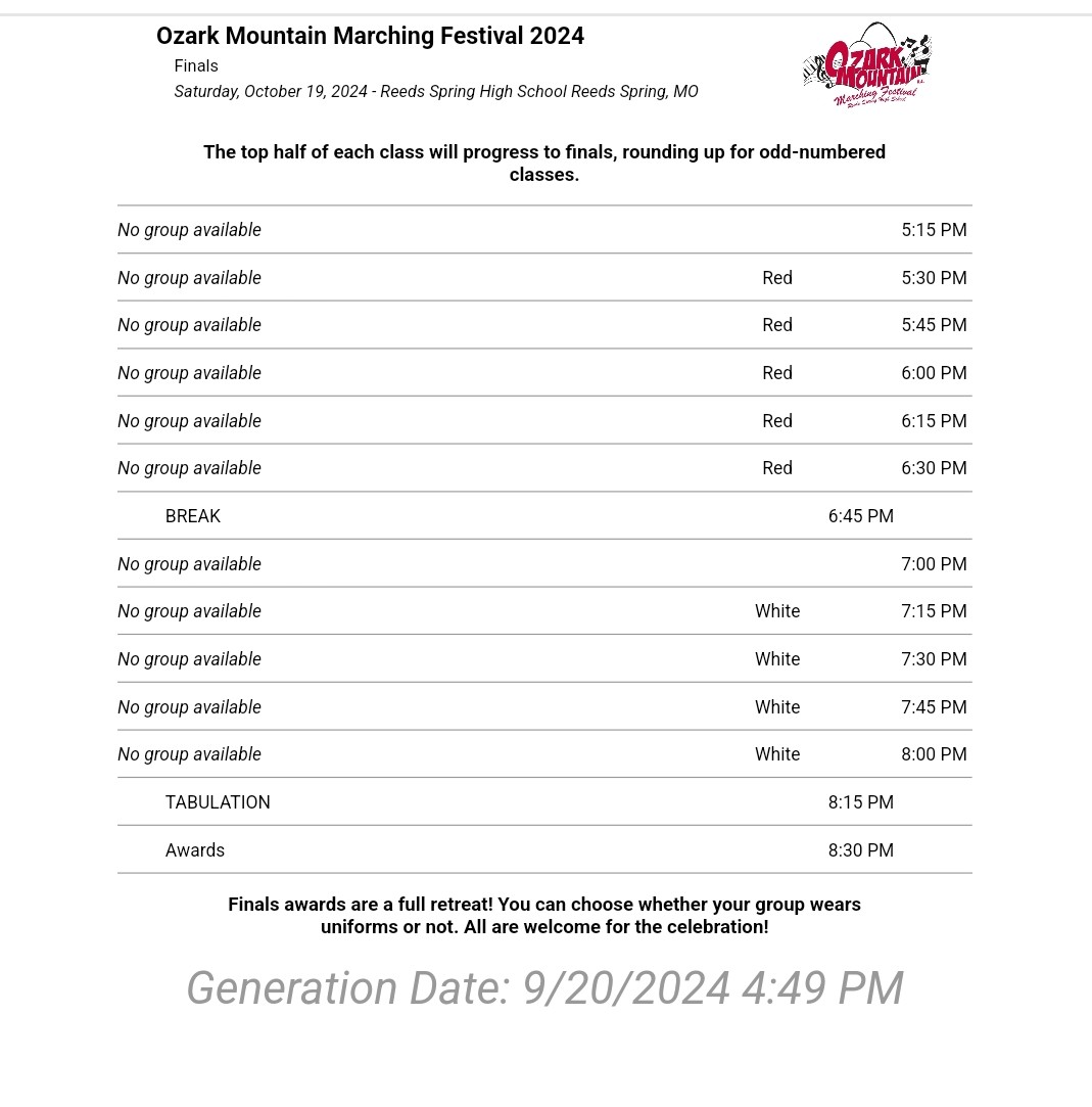 2024 Ozark Mountain Finals Schedule