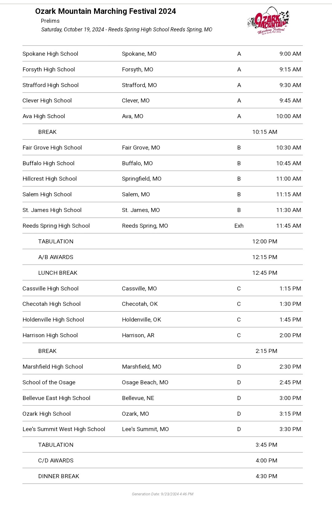 2024 Ozark Mountain Prelims Schedule