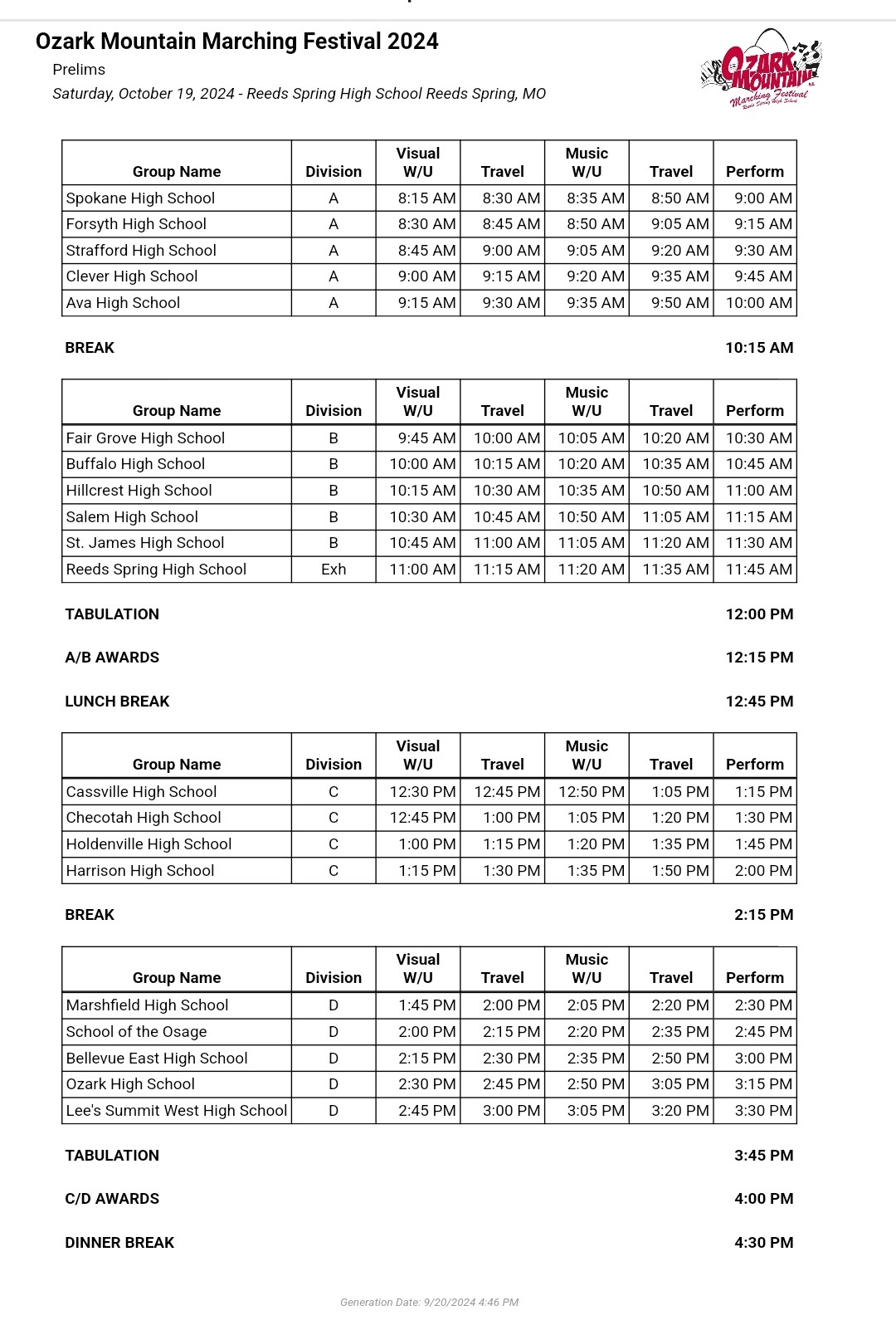 2024 Ozark Mountain Prelims Logistical Schedule
