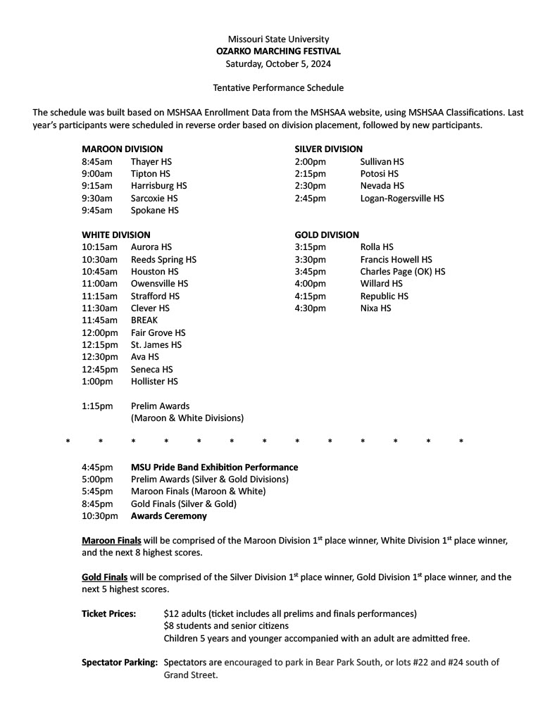 2024 Ozarko Schedule as of 9-24-24