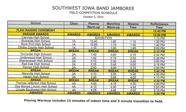 2024 Southwest Iowa Band Jamboree Field Schedule