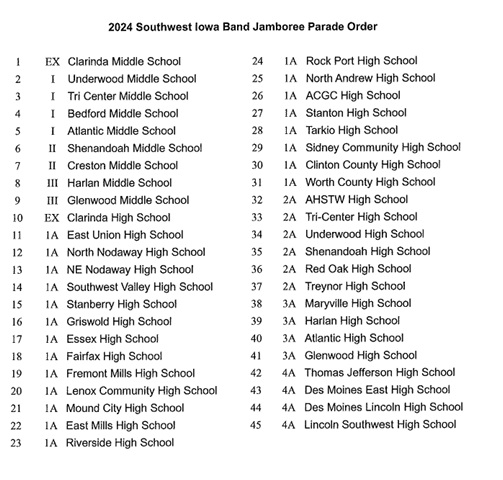 2024 Southwest Iowa Band Jamboree Parade Order