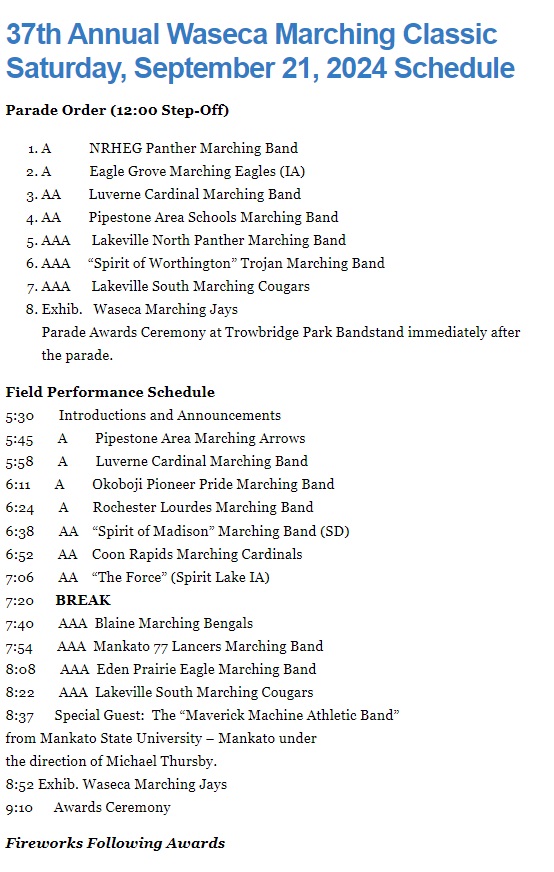 2024 Waseca Marching Classic Schedule