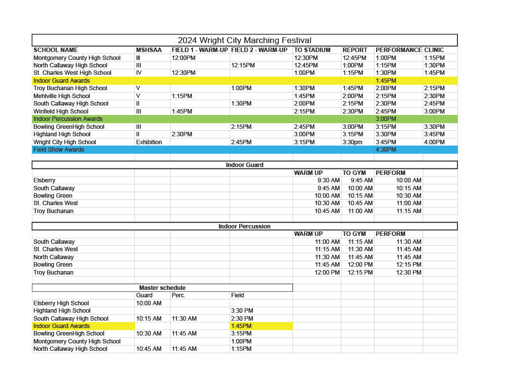 2024 Wright City Marching Festival Schedule pg 1