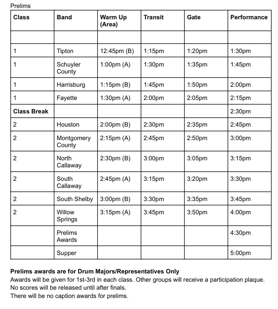 2024 MSMA Class 1 and 2 Prelims Schedule